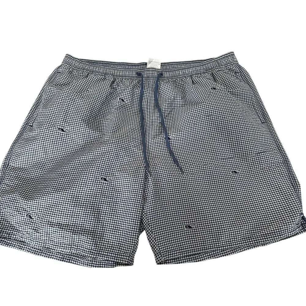 Vineyard Vines Men's XL Blue Gingham‎ logo Swim Trunks Beach Shorts SI15
